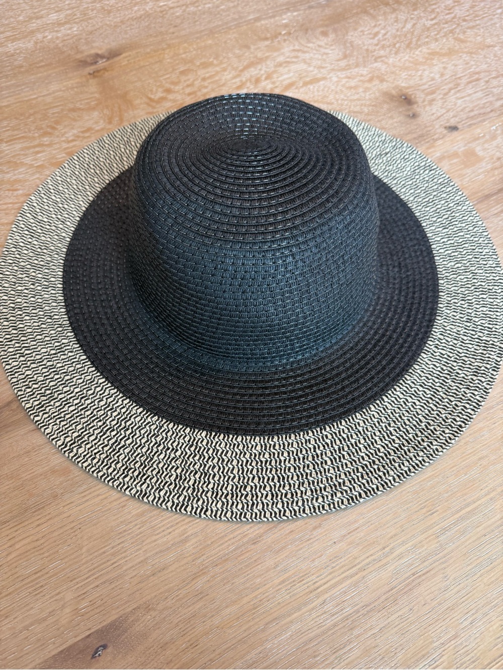 Two Tone Straw Hat Black Natural Wide Brim Boho Coastal Sun Hat